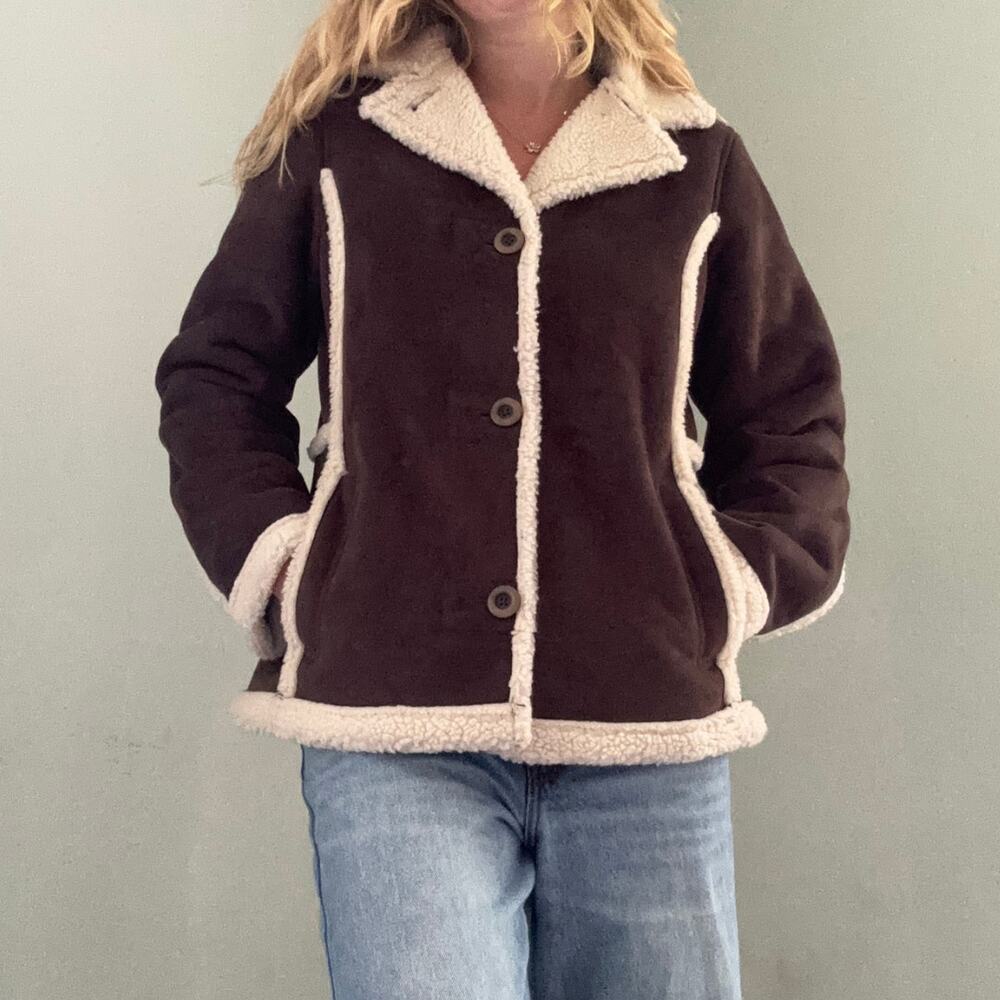Vintage Y2k L.L. Bean Brown Faux Suede Sherpa Shearling Coat Jacket Size Small